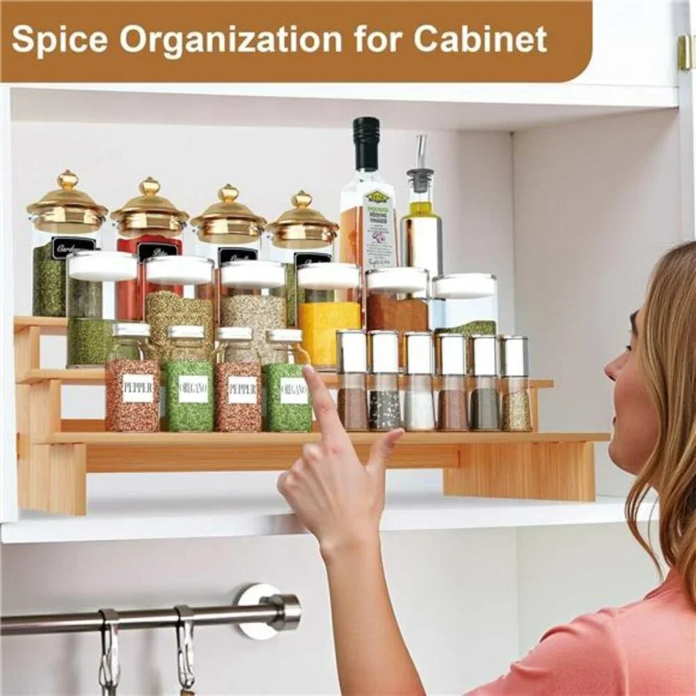 3 tier bamboo spice rack organizer kitchen cabinet pantry shelf storage jars can
